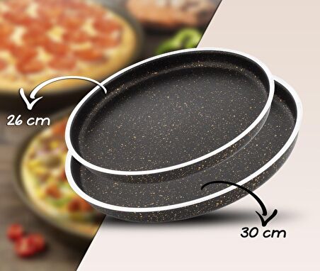 Dora Granitta Pizza ve Künefe 2'li Tepsi Seti 26 cm,30 cm Siyah Altın