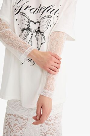 DeFacto Coool Oversize Geniş Kalıp Baskılı Uzun Kollu Beyaz Tişört F5085AX25SMWT32