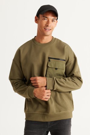 Erkek Haki Oversize Bol Kesim Içi Polarlı Iplik Bisiklet Yaka %100 Pamuk Sweatshirt