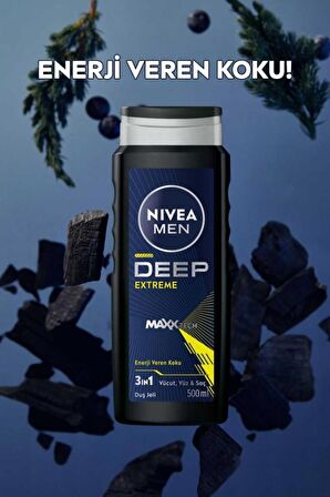 Nivea Men Erkek Deep Extreme Duş Jeli 500ml, 3'ü 1 Arada Komple Bakım, Vücut Saç Ve Yüz, Enerji Veren Koku