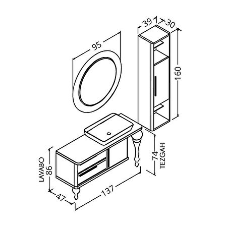 PRESTIGE 140 CM SİYAH LAVABOLU BANYO DOLABI  SİYAH - BOY DOLAP DAHİL
