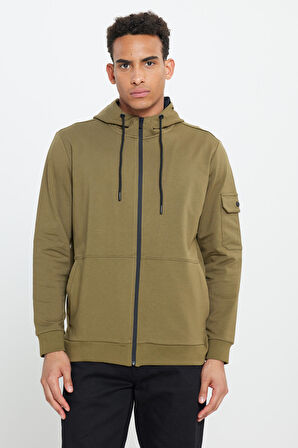 Erkek Haki Standart Fit Normal Kesim Kapüşonlu Fermuarlı Sweatshirt Ceket
