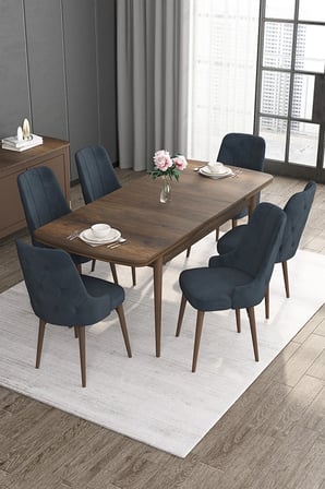Roy Serisi 80x132 Mdf Barok Ahşap Desen Mutfak Masası Takımı 6 Antrasit Sandalye