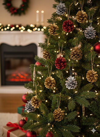 (Boyasız)10'lu Ham Doğal Kozalak Seti – Simli Gold İpli Yılbaşı Çam Ağacı Etkinlik Süsü