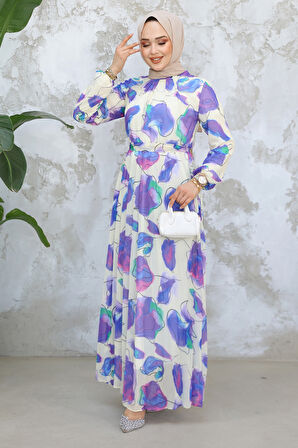Desenli Mor Tesettür Elbise 344601MOR