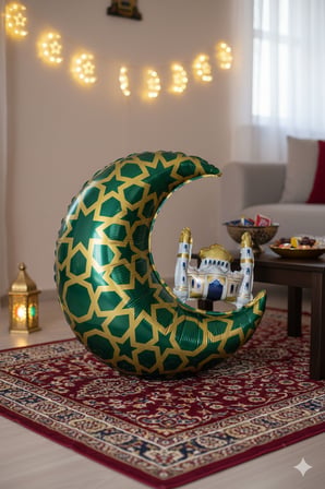 65 x 63 cm Folyo Balon Mavi Gold Desenli Cami Figürlü Hilal - Ramazan Süs Balonu