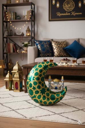 65 x 63 cm Folyo Balon Mavi Gold Desenli Cami Figürlü Hilal - Ramazan Süs Balonu