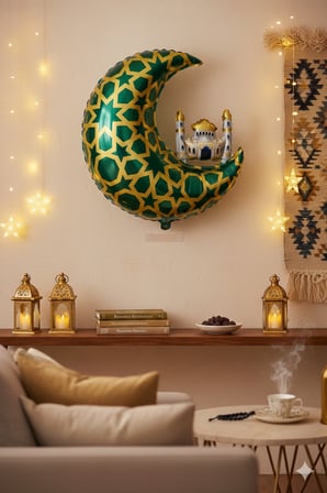 65 x 63 cm Folyo Balon Mavi Gold Desenli Cami Figürlü Hilal - Ramazan Süs Balonu