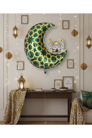 65 x 63 cm Folyo Balon Mavi Gold Desenli Cami Figürlü Hilal - Ramazan Süs Balonu