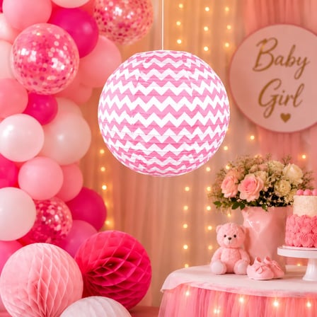 Pembe Zigzag Desenli Japon Feneri Kağıt Fener 30 cm Doğum Günü Kına Nişan Parti Süsü