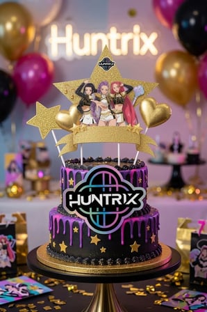 K Pop Huntrix Demon Hunters Pasta Süsü Çubuklu Gold 4'lü Doğum Günü Parti Pasta Dekoru