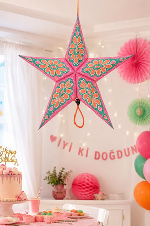 Tavan Süsü Karton Yıldız 3D Renkli Lüks 30 cm Pembe Yeşil Parti Doğum Günü Asma Dekor Süsü