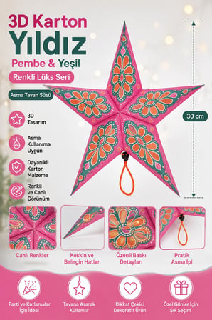 Tavan Süsü Karton Yıldız 3D Renkli Lüks 30 cm Pembe Yeşil Parti Doğum Günü Asma Dekor Süsü