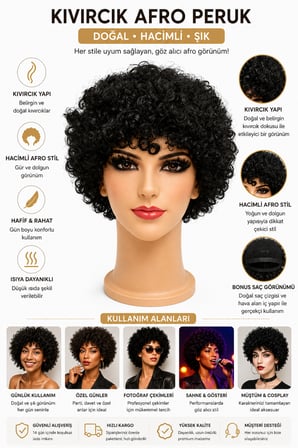 Afro Peruk Kıvırcık Bonus Saç Kumral Siyah Hacimli Parti Kostüm Sahne Eğlence Aksesuarı