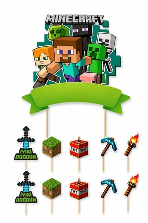 Minecraft Pasta Süsü Seti Büyük Figür ve 10'lu Kürdan Dekoru Doğum Günü Süsü