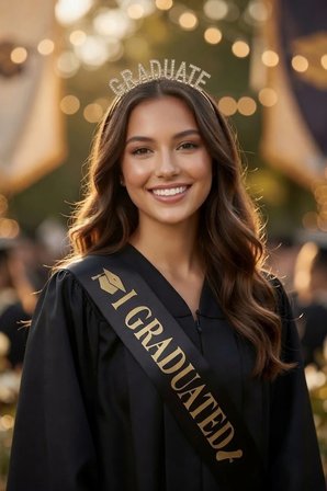 Mezuniyet Tacı ve Kuşağı Seti Altın Taşlı Lüks Taç Siyah Saten Kuşak Graduation