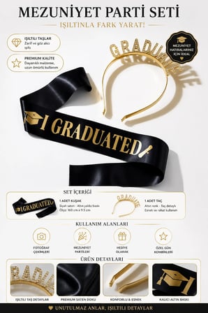 Mezuniyet Tacı ve Kuşağı Seti Altın Taşlı Lüks Taç Siyah Saten Kuşak Graduation