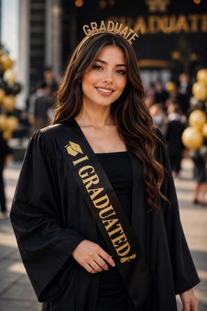 Mezuniyet Tacı ve Kuşağı Seti Altın Taşlı Lüks Taç Siyah Saten Kuşak Graduation