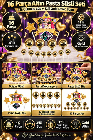 K Pop Huntrix Demon Hunters Pasta Süsü 4'lü Gold Altın Çubuklu + 12'li Disko Topu 16 Parça Set