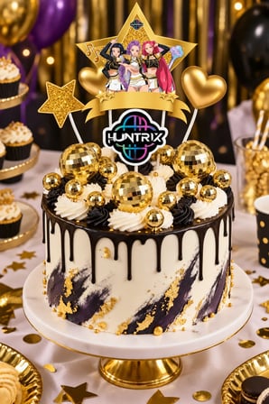 K Pop Huntrix Demon Hunters Pasta Süsü 4'lü Gold Altın Çubuklu + 12'li Disko Topu 16 Parça Set