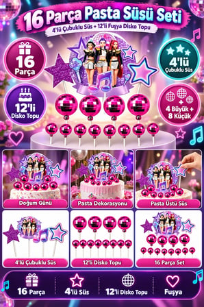 K Pop Huntrix Demon Hunters Pasta Süsü 4'lü Çubuklu Süs ve 12'li Fuşya Disko Topu 16 Parça Set