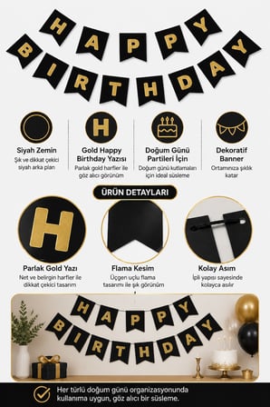 Happy Birthday Banner Siyah Gold Yazılı Doğum Günü Parti Süsü Duvar ve Fotoğraf Alanı Dekoru