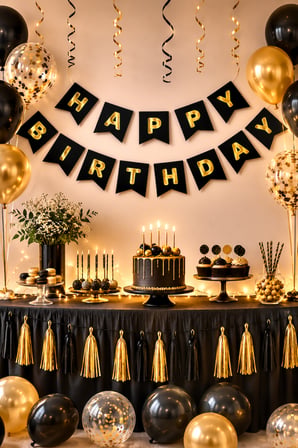 Happy Birthday Banner Siyah Gold Yazılı Doğum Günü Parti Süsü Duvar ve Fotoğraf Alanı Dekoru