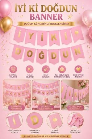 İyi Ki Doğdun Banner Pembe Altın Yazılı 250x17 cm Doğum Günü Parti Duvar Asma Dekor Süsleme
