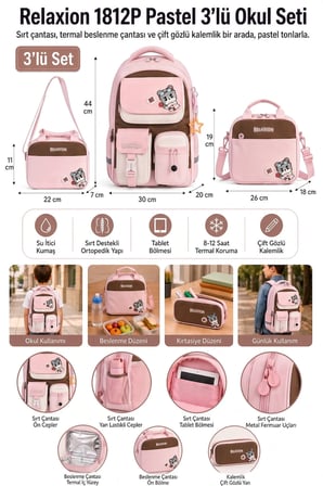 Cool Okul Çantası 3'lü Set Pembe Sırt Çantası Beslenme Çantası Kalemlik Seti Ortopedik Öğrenci