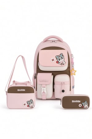 Cool Okul Çantası 3'lü Set Pembe Sırt Çantası Beslenme Çantası Kalemlik Seti Ortopedik Öğrenci