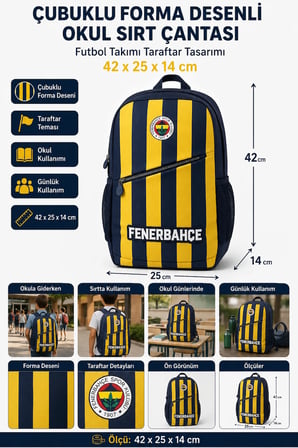 Fenerbahçe Çubuklu Forma Desenli Okul Sırt Çantası Futbol Takımı Taraftar Öğrenci 42x25x14 cm
