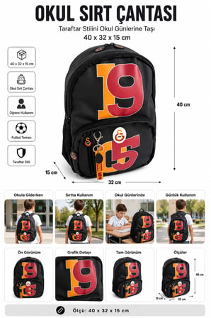 Galatasaray 1905 Okul Sırt Çantası Futbol Takımı Taraftar Öğrenci Günlük Çanta 40x32x15 cm