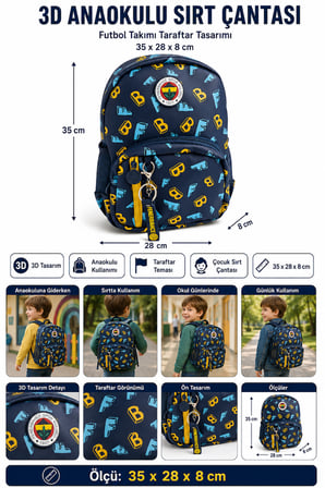 Fenerbahçe FB 3D Anaokulu Sırt Çantası Futbol Takımı Taraftar Çocuk Okul Çantası 35x28x8 cm