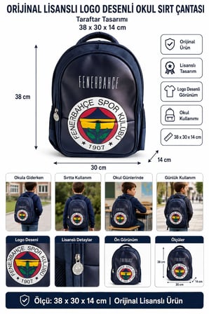 Fenerbahçe Orijinal Lisanslı Logo Desenli Okul Sırt Çantası Taraftar Öğrenci 38x30x14 cm