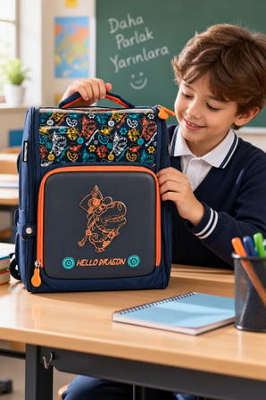 İlkokul Okul Çantası Hello Dragon 7 Mavi Antigravity Sistem 38x30x16 cm