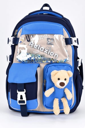 Mavi Lacivert Ayıcıklı Maskotlu Lüks Okul Sırt Çantası Geniş Ergonomik Çocuk 40x30x15 cm