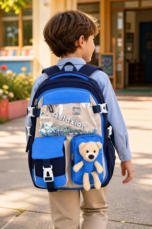 Mavi Lacivert Ayıcıklı Maskotlu Lüks Okul Sırt Çantası Geniş Ergonomik Çocuk 40x30x15 cm