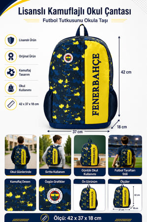 Fenerbahçe Lisanslı Orijinal Kamuflajlı Futbol Takımı Okul Çantası Sırt Çantası 42x37x18 cm