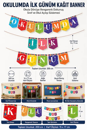 Okulumda İlk Günüm Rengarenk Kağıt Banner Okula Dönüş Sınıf Okul Açılışı Süsü 200 cm