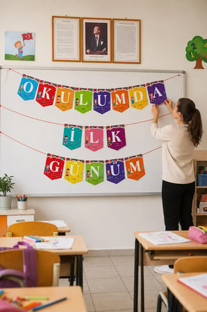 Okulumda İlk Günüm Rengarenk Kağıt Banner Okula Dönüş Sınıf Okul Açılışı Süsü 200 cm