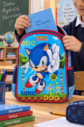 Sonic Mavi Kirpi İlkokul Okul Çantası Çocuk Öğrenci Sırt Çantası Karakter Temalı 35 x 25 x 16
