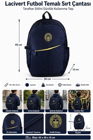 Fenerbahçe Comfort Lacivert Sırt Çantası Futbol Takımı Taraftar Günlük Çanta 45x30x15 cm