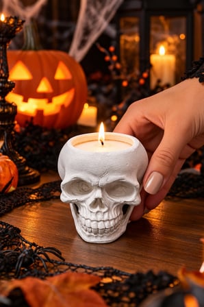 Halloween Kuru Kafa Mumluk Kafatası Mum Standı Cadılar Bayramı Parti Masa Dekorasyonu 8 x 6,5 cm
