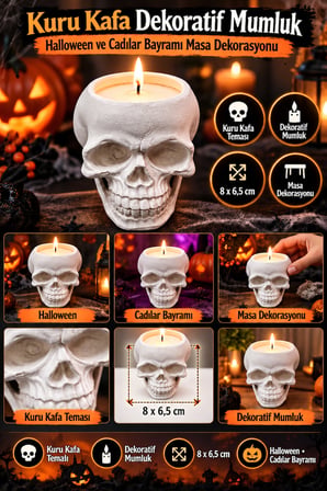 Halloween Kuru Kafa Mumluk Kafatası Mum Standı Cadılar Bayramı Parti Masa Dekorasyonu 8 x 6,5 cm
