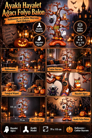 Halloween Ayaklı Hayalet Ağacı Folyo Balon 79x115 cm Cadılar Bayramı Parti Mekan Dekorasyon Süsü