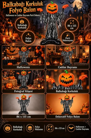 Halloween Balkabağı Korkuluk Folyo Balon 86x115 cm Cadılar Bayramı Parti Mekan Dekorasyon Süsü