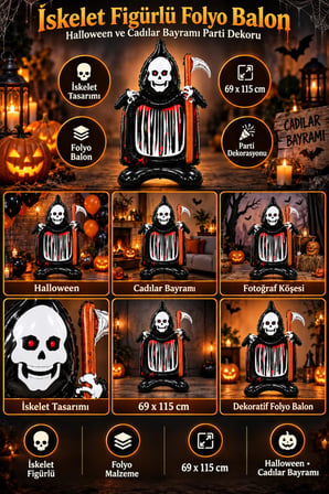 Halloween İskelet Figürlü Folyo Balon 69x115 cm Cadılar Bayramı Parti Ev Mekan Dekorasyon Süsü