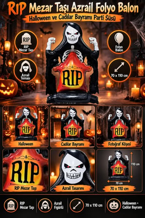 Halloween RIP Mezar Taşı Azrail Folyo Balon 70x110 cm Cadılar Bayramı Parti Ev Dekorasyon Süsü