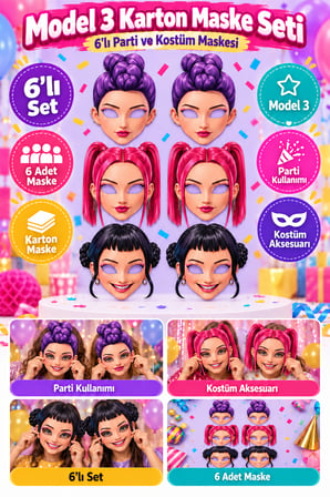 K Pop Huntrix Demon Hunters Model 3 6'lı Karton Maske Parti Maskesi Doğum Günü Kostüm Aksesuarı