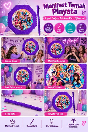 Manifest Kız Grubu Mor Pinyata 42 cm Sopalı Doğum Günü Parti Oyunu ve Dekorasyon Süsü